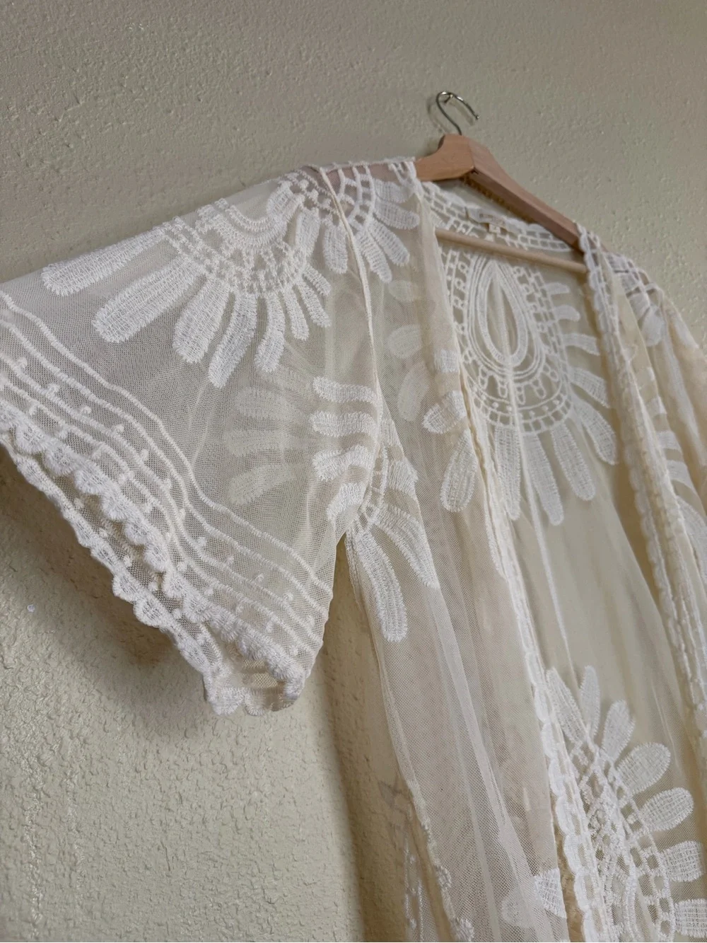 Rebellion | Lace Kimono Cover Up Boho Ivory Cream Embroidered - Size M